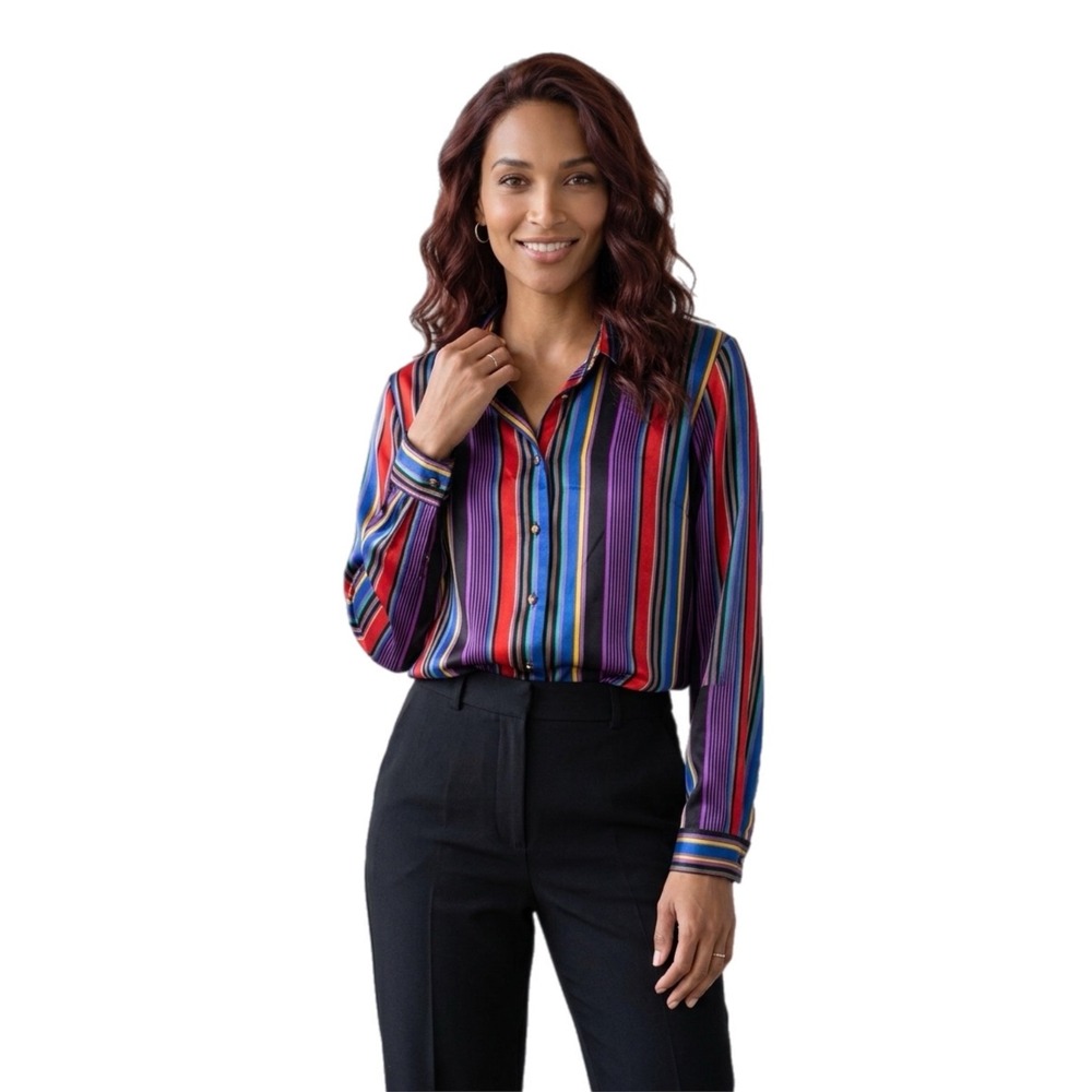 Vintage 90's Yves St. Clair Striped Satin Blouse Button Down Multi Color P2P 22"